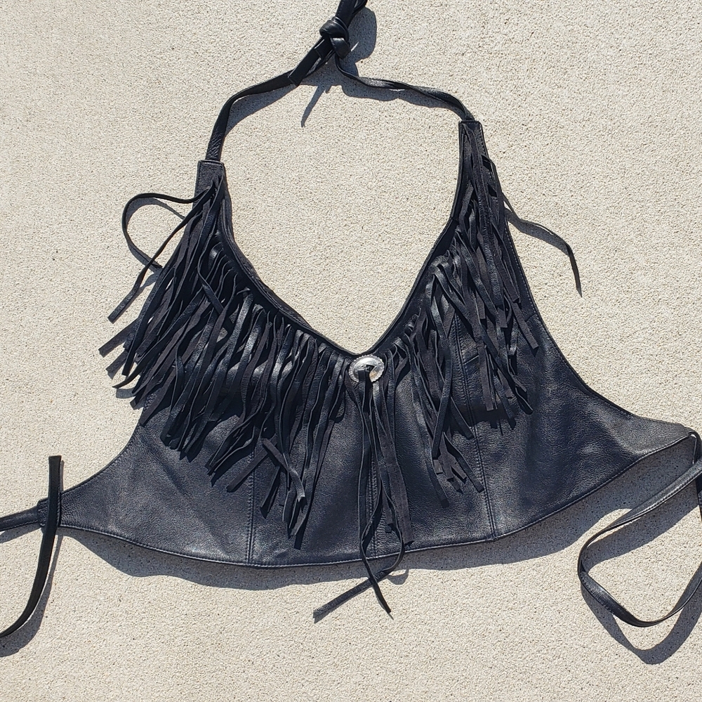 Leather fringed halter